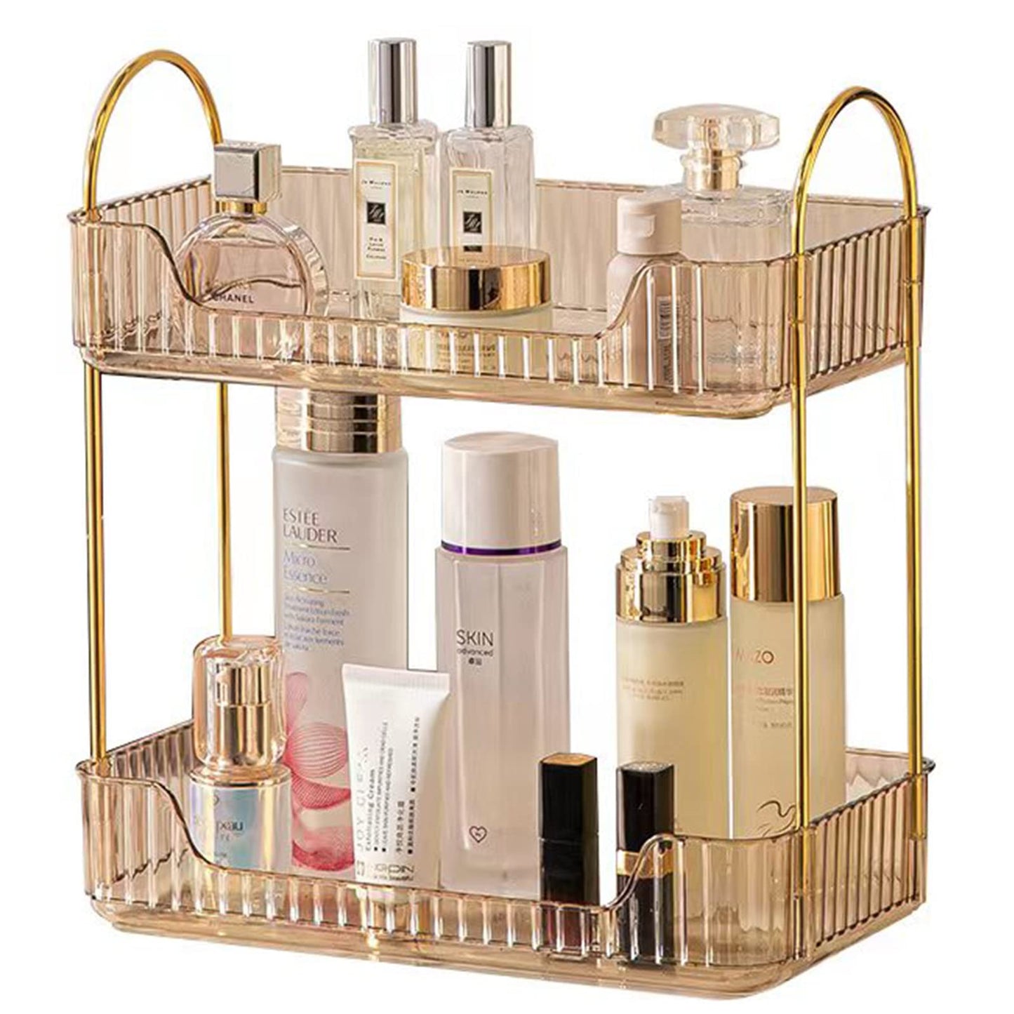 shuang qing Bathroom Counter Organizer Countertop Storage, Cosmetics Skincare Shelf, Makeup Organizer Perfume for Dresser Vanity Tray, Spice Rack for Kitchen(2 Tier-Gold)