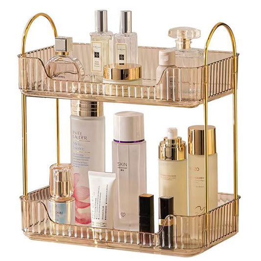 shuang qing Bathroom Counter Organizer Countertop Storage, Cosmetics Skincare Shelf, Makeup Organizer Perfume for Dresser Vanity Tray, Spice Rack for Kitchen(2 Tier-Gold)