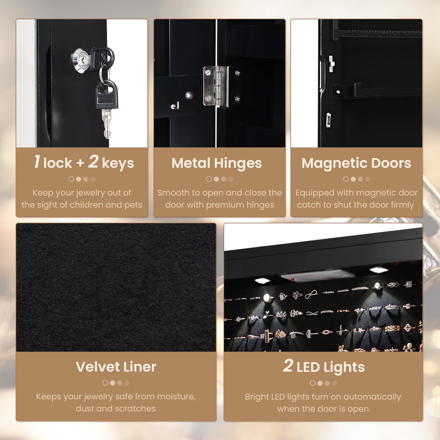 NAFORT 2 LEDs Jewelry Armoire with Full Length Mirror, 47.5" H Wall or Door Mounted Jewelry Cabinet with 2 Drawers, Lockable Jewelry Organizers and Storage, Hanging Jewelry Organizer, Black