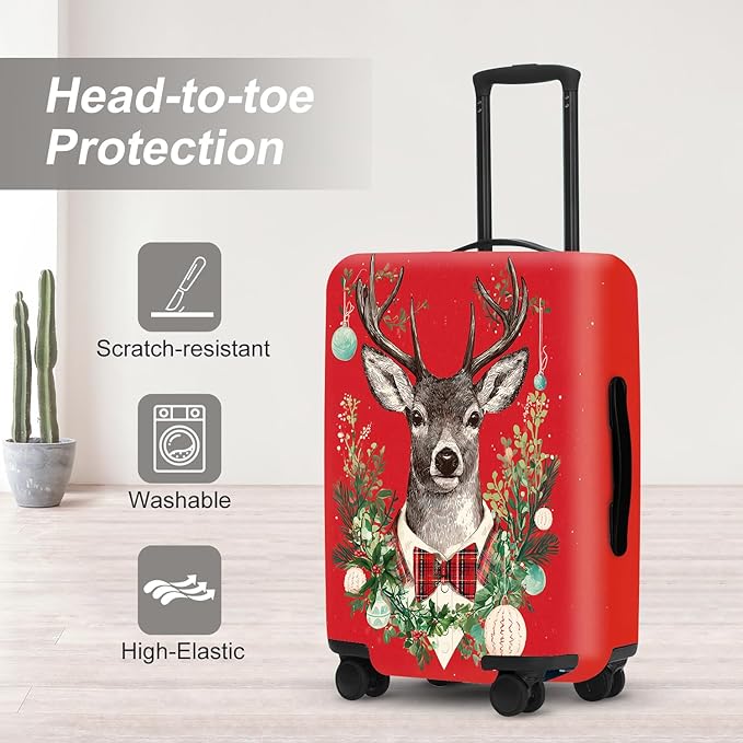 Reindeer Christmas Luggage Cover - Red Background with Wreath and Ornaments, Elegant Holiday Suitcase Protector for 18 20 22 Inch Travel
