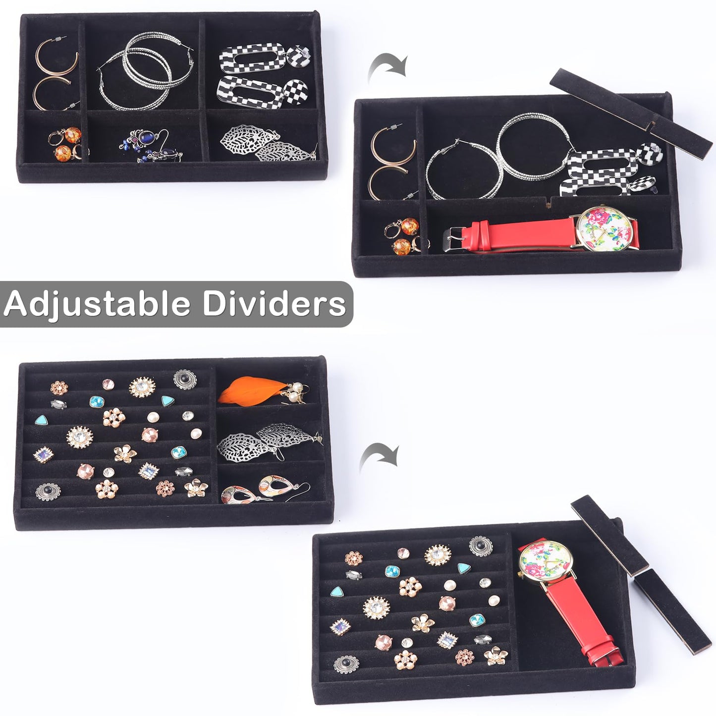 Afnkiom Jewelry Trays,Velvet Stackable Organizer Trays,Drawer Inserts Jewelry Display Case For Rings Stud Necklaces Earring Organizer Tray for Women Girls-8 Pack (Black)