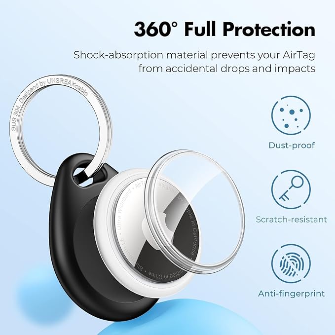 UNBREAKcable for Apple AirTag Holder - 4 Pack [Fit Tightly Design] [Easy to Install] [Hold Air Tag Securely] Waterproof TPU Shell Protective Case with 304 Stainless Steel Keychain Key Ring