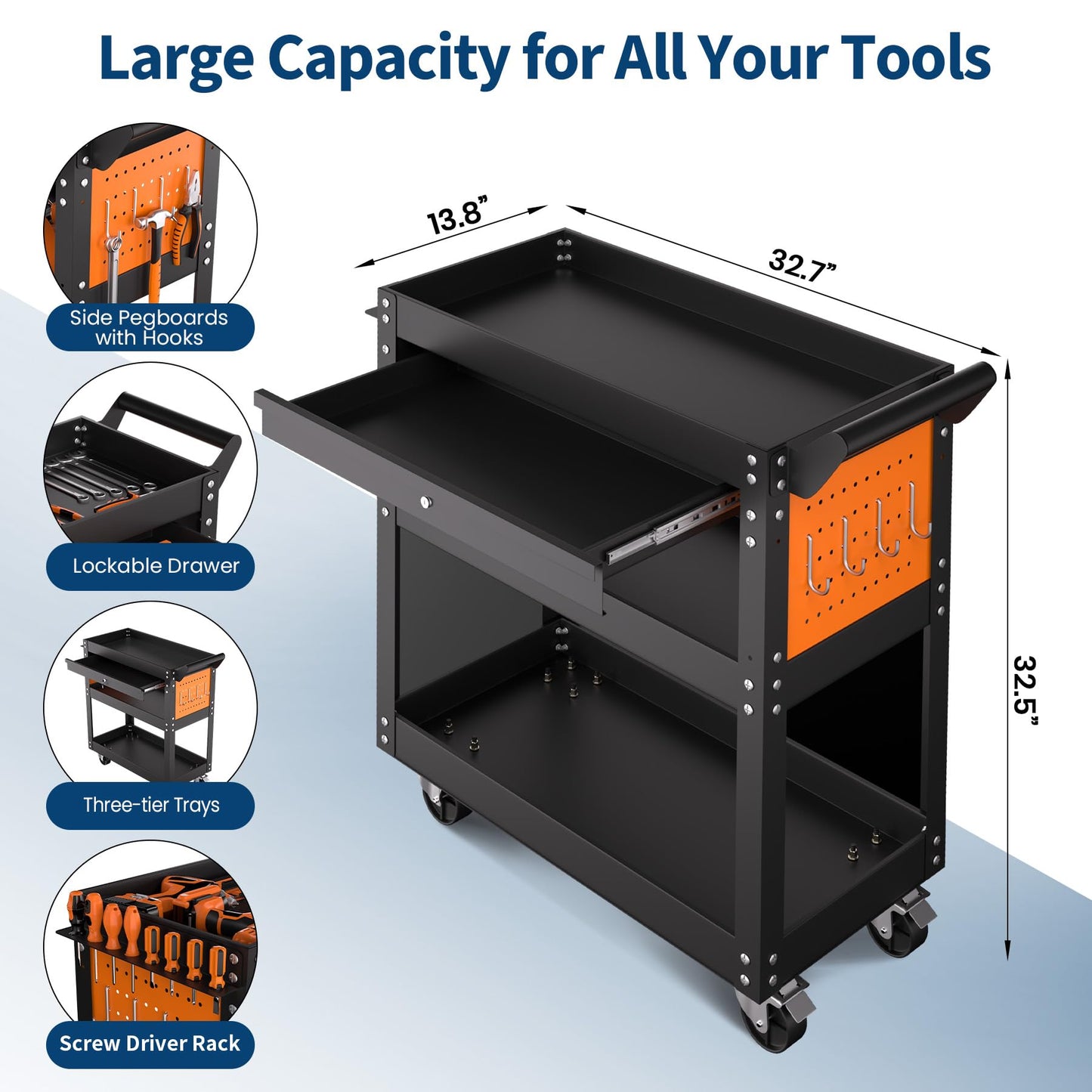 4-Tier Rolling Tool Cart On Wheels, Heavy Duty 350 Lbs Capacity Metal Mechanic Tool Cart with Lockable Drawer & Side Pegboards for Garage Workshop Repair Shop