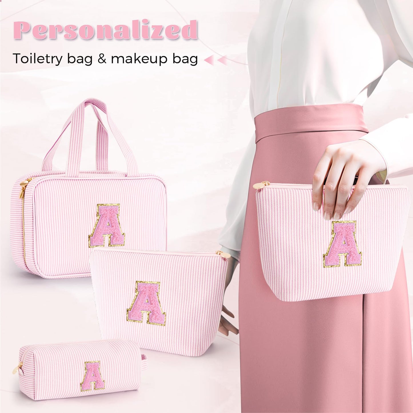 Fystdtote Gifts for Teen Girls Women - Personalized Toiletry Bag Initial Makeup Bag | Travel Cosmetic Bag | 8 9 10 11 12 13 14 15 16 Years Old Girl Gift Trendy Stuff - Pink A