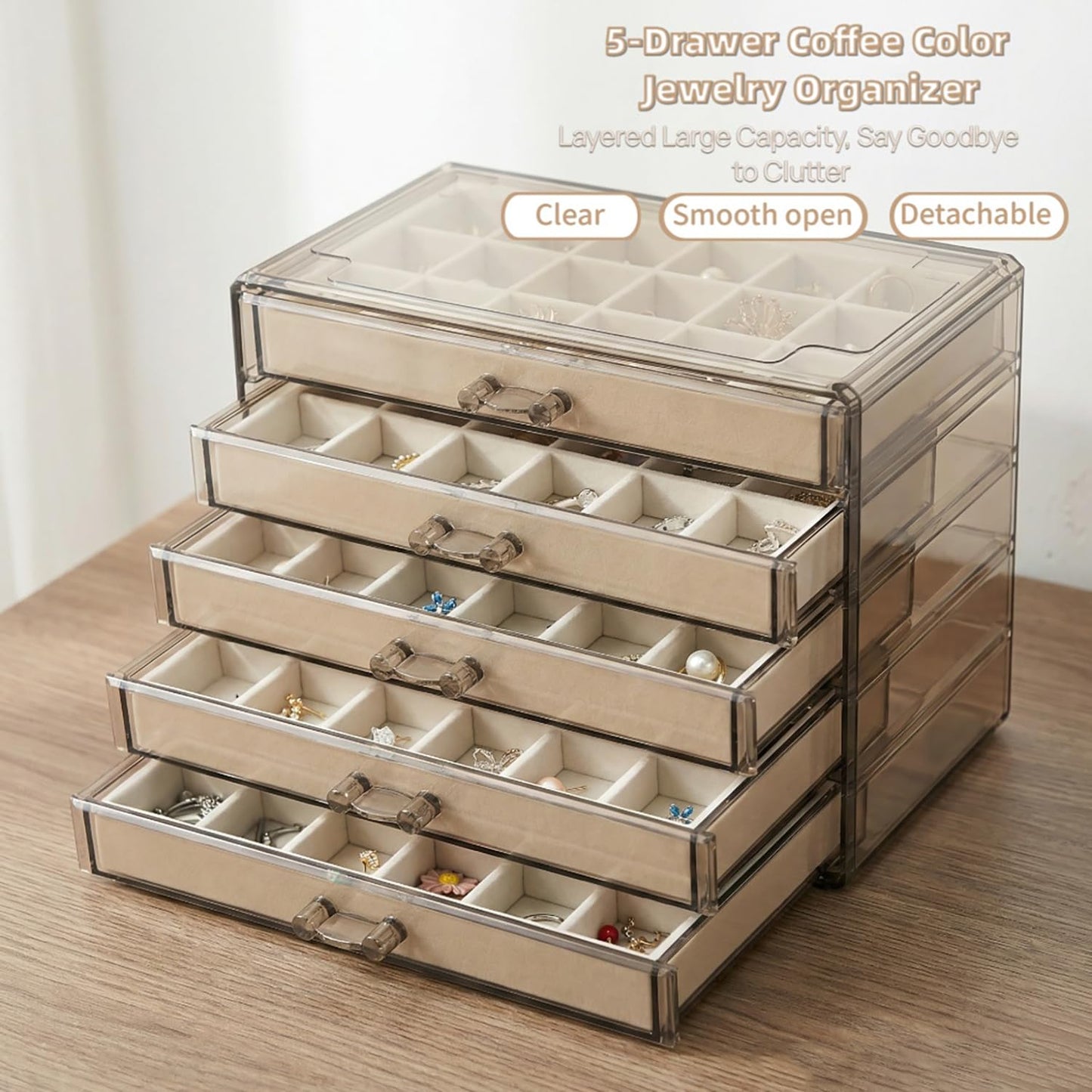 HOUKANWE Acrylic Earring Holder Organizer with 5 Drawers Clear Earring Organizer Box with 90 Adjustable Grids Velvet Earring Display Case Jewelry Organizer for Earrings Rings Studs (Brown Beige)