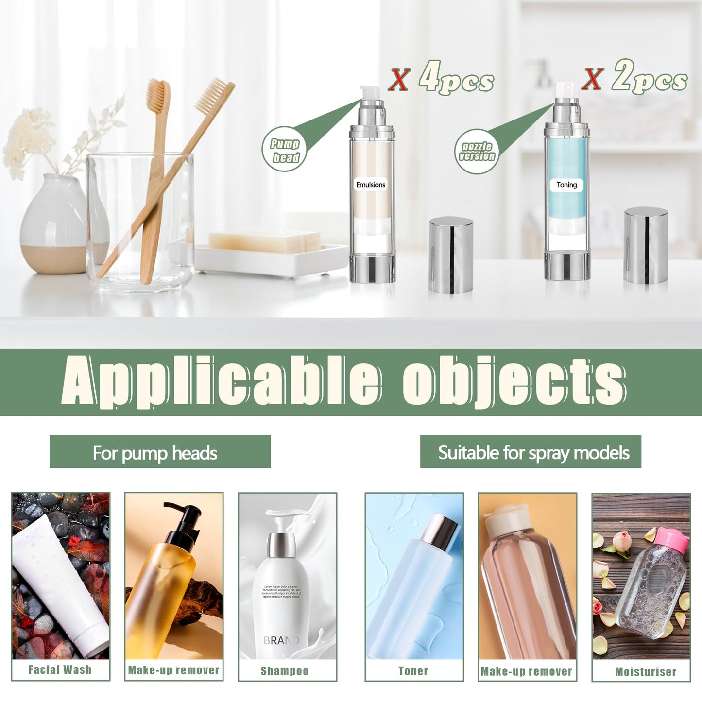 6Pcs 1.7oz/50ml Refillable Airless Pump Bottle, Makeup Pump Dispenser with Labels, Plastic Cosmetic Containers for Storage Travel (Silver)