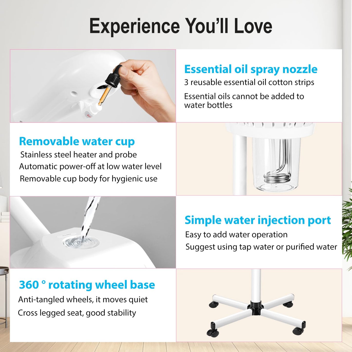 Facial Steamer Professional, Facial Steamer on Wheels, Ozone Face Steamer with More Steam for Deep Cleansing and Hydration, Estheticians Steamer for Beauty, Spa and Home Use（White）