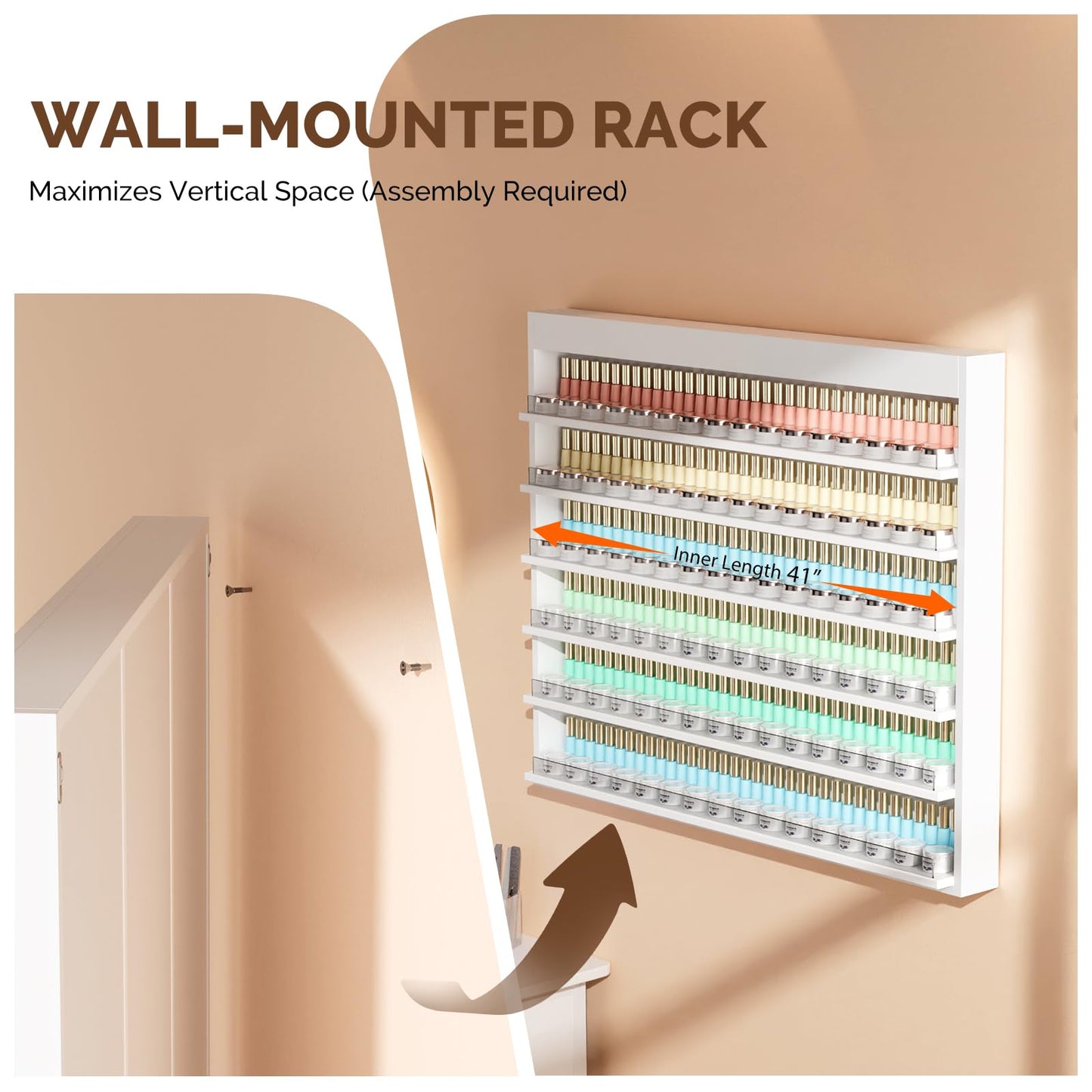 OmySalon Powder & Polish Rack - 6-Tier Double Nail Polish Organizer Wall-Mounted Salon Display Rack with Acrylic Barrier for Nail Salon Spa Home Beauty Studios (White)