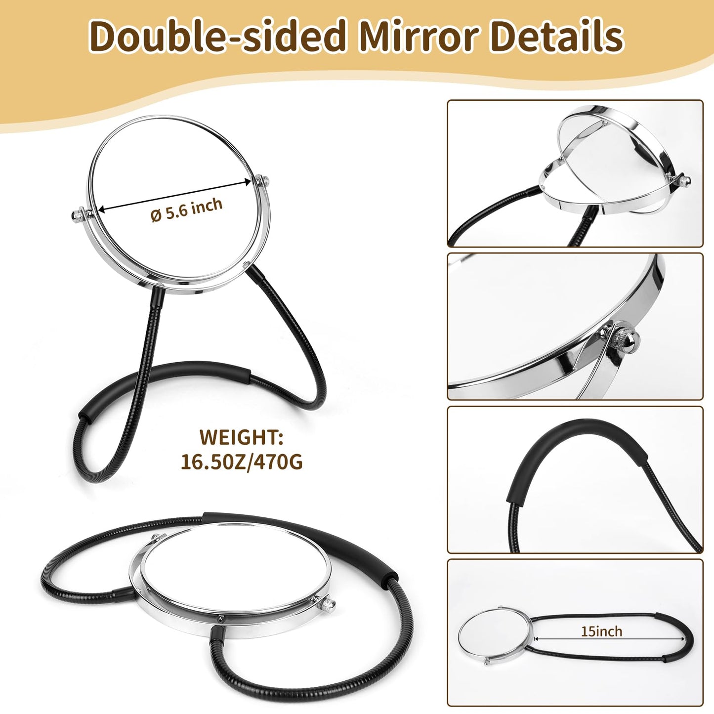 Double-Sided Mirror to See Back of Head, Hands Free Adjustable Mirrors Hung Around The Neck, Two Way Mirror for Women Man Makeup, Self Haircut, Standard Viewing and 5X Magnification 360° Mirrors