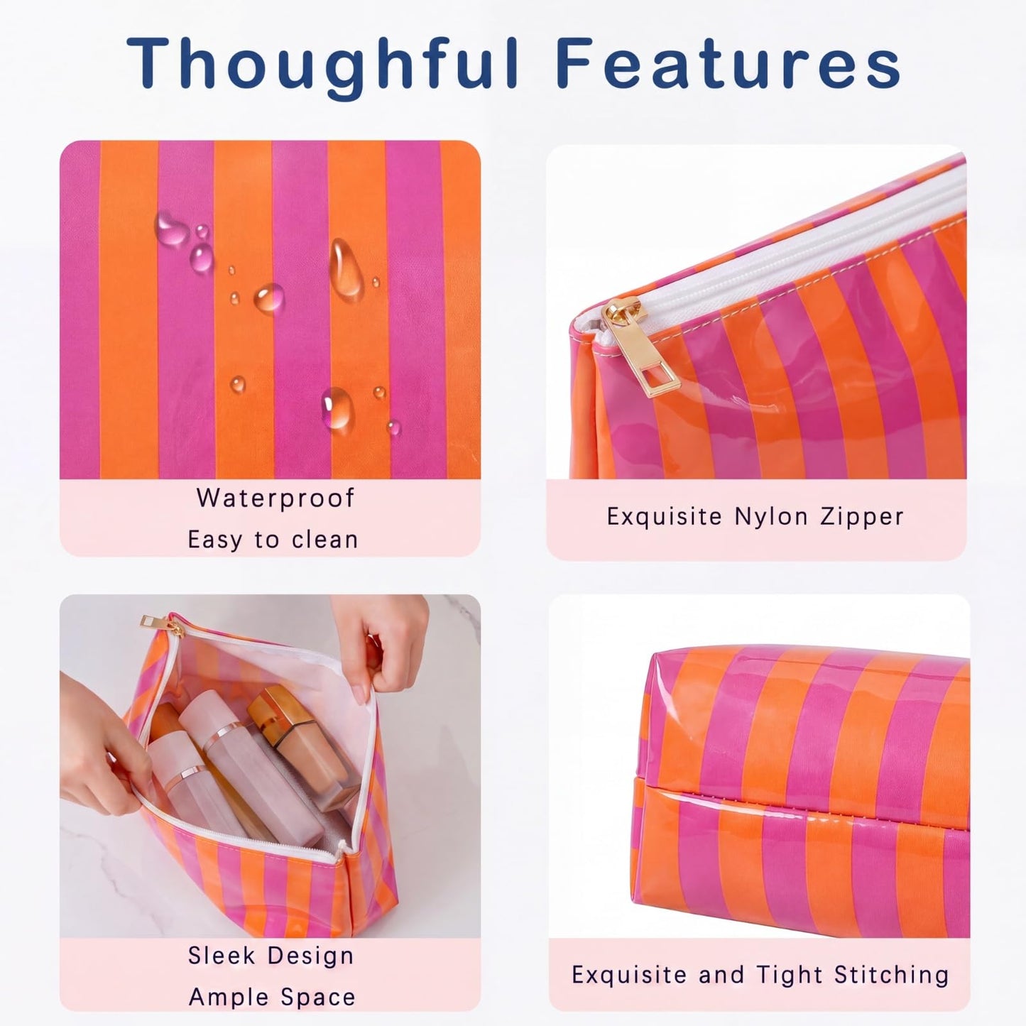 Lestikave Large PVC Waterproof Striped Makeup Bag,Clear Coated Cosmetic Bags,Easy to Clean,Travel Organizer Zipper Pouch Beach Vacation Essentials for Women Girls(11Orange Purple)