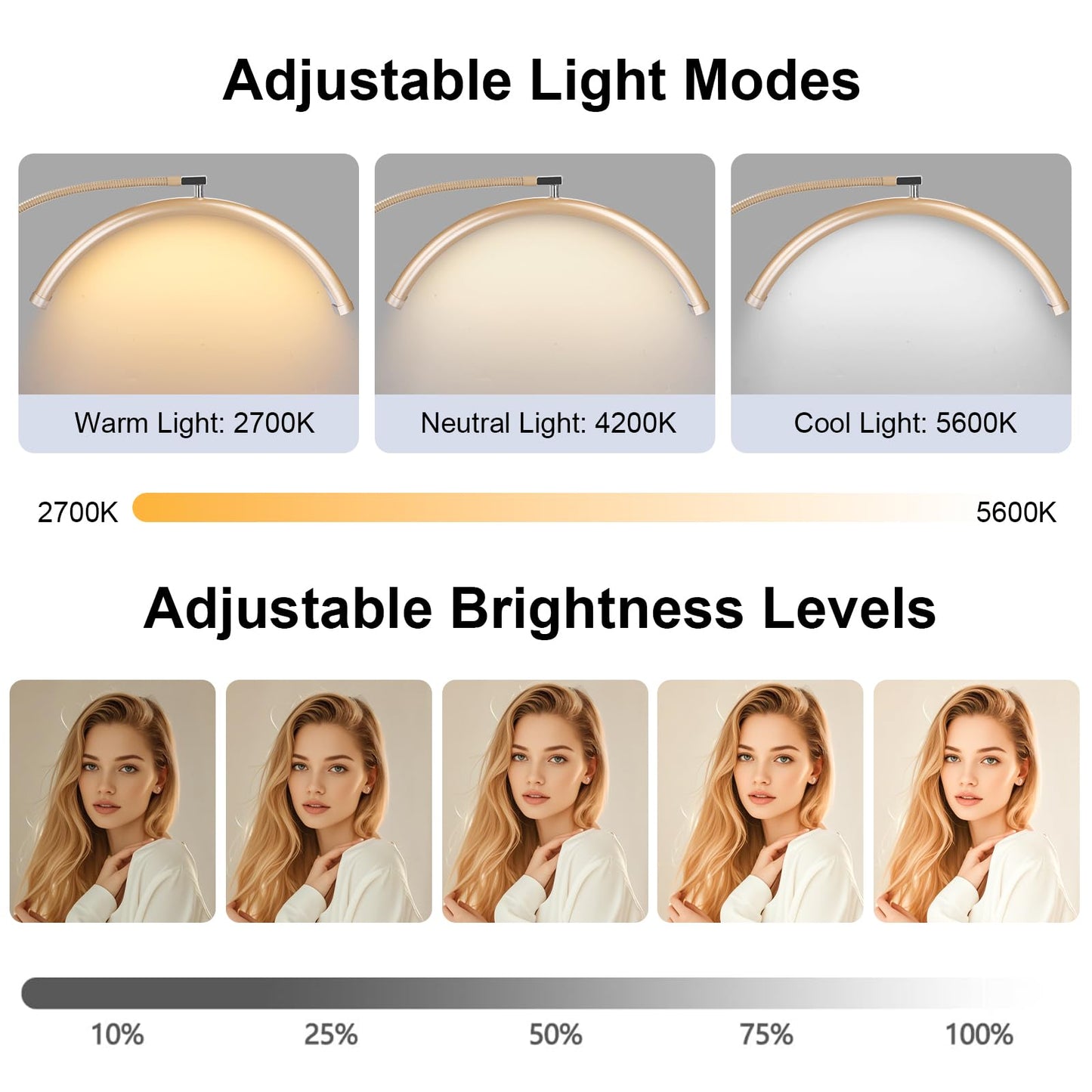 MINIEAR Half Moon Lash Light for Eyelash Extensions & Estheticians, Dimmable LED Lash Lamp with Flexible Gooseneck, Shadow-Free Moon Light for Lash Tech, Tattoo, SPA, Eyelash Lamp (Gold)