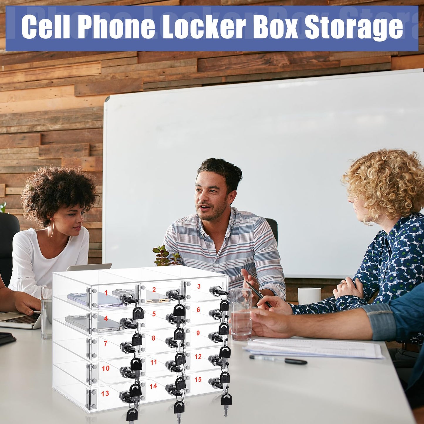 Layhit Clear 15 Slots Cell Phone Locker Box for Classroom Clear Acrylic Cell Phone Storage Cabinet Bin with Door Locks for Classroom School Students Office Factory Employees