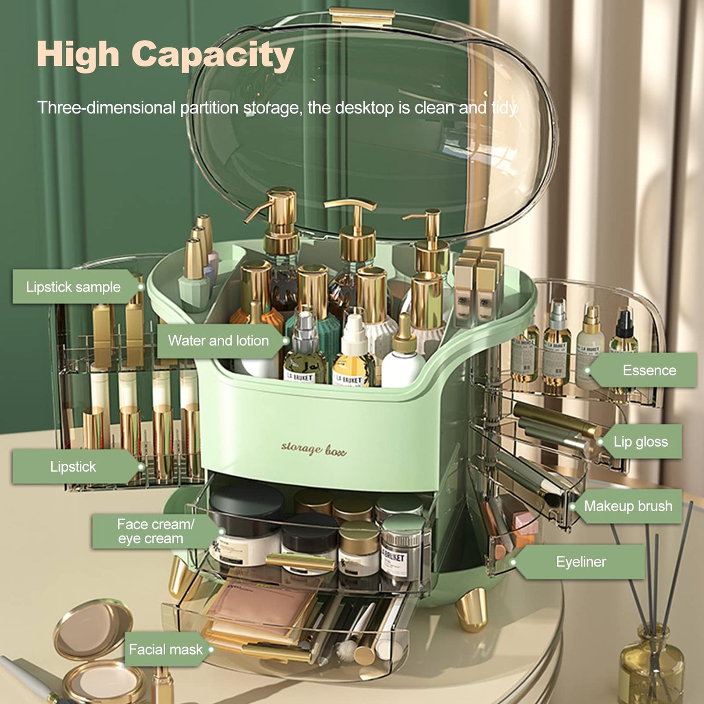 Ergocar Portable Light Luxury Series Multi-Function Make Up Case Dustproof Cosmetic Storage, Skin Care Products Jewelry Organizer Lipstick Box - White