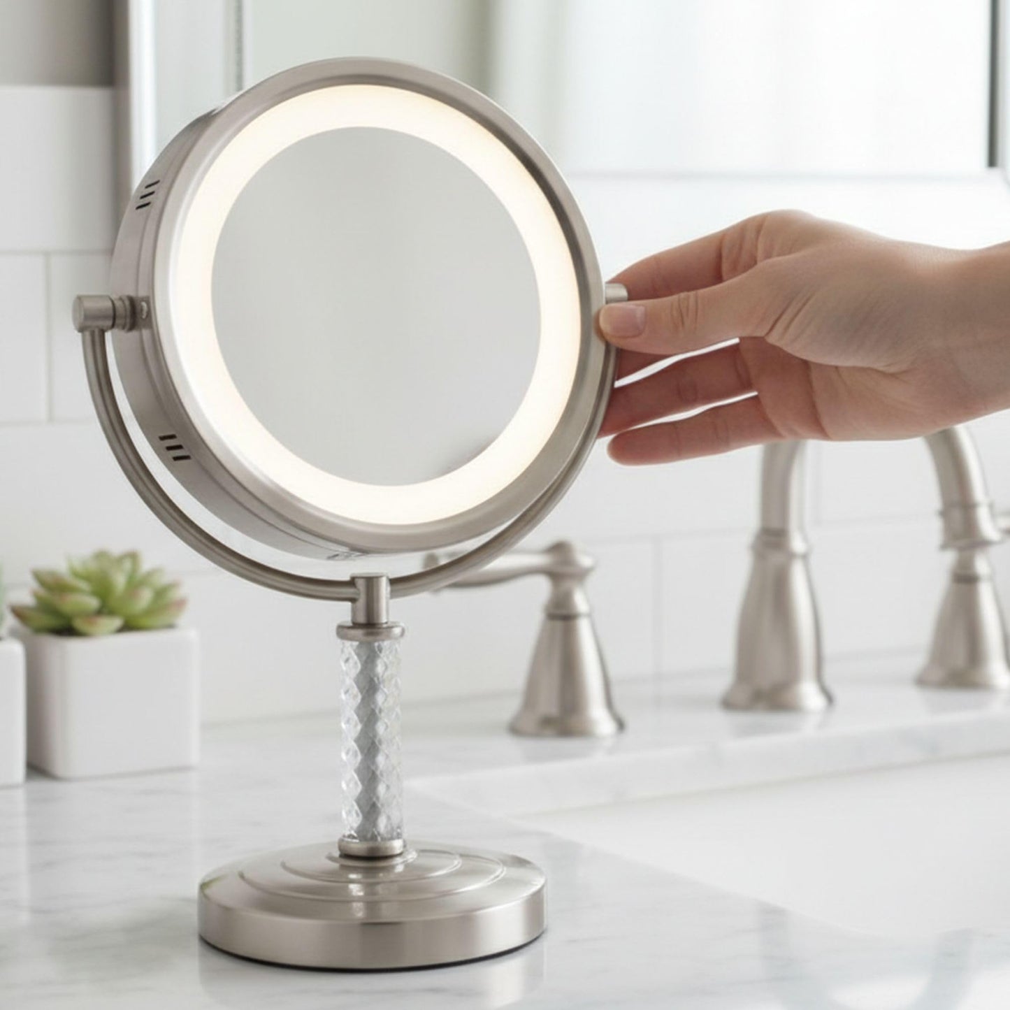 JERDON Lighted Makeup Mirror – 6X Magnifying Tabletop Vanity Mirror for Precision Makeup, Tweezing & Grooming – 8" Nickel Finish, 360° Swivel – Model HL856MNC