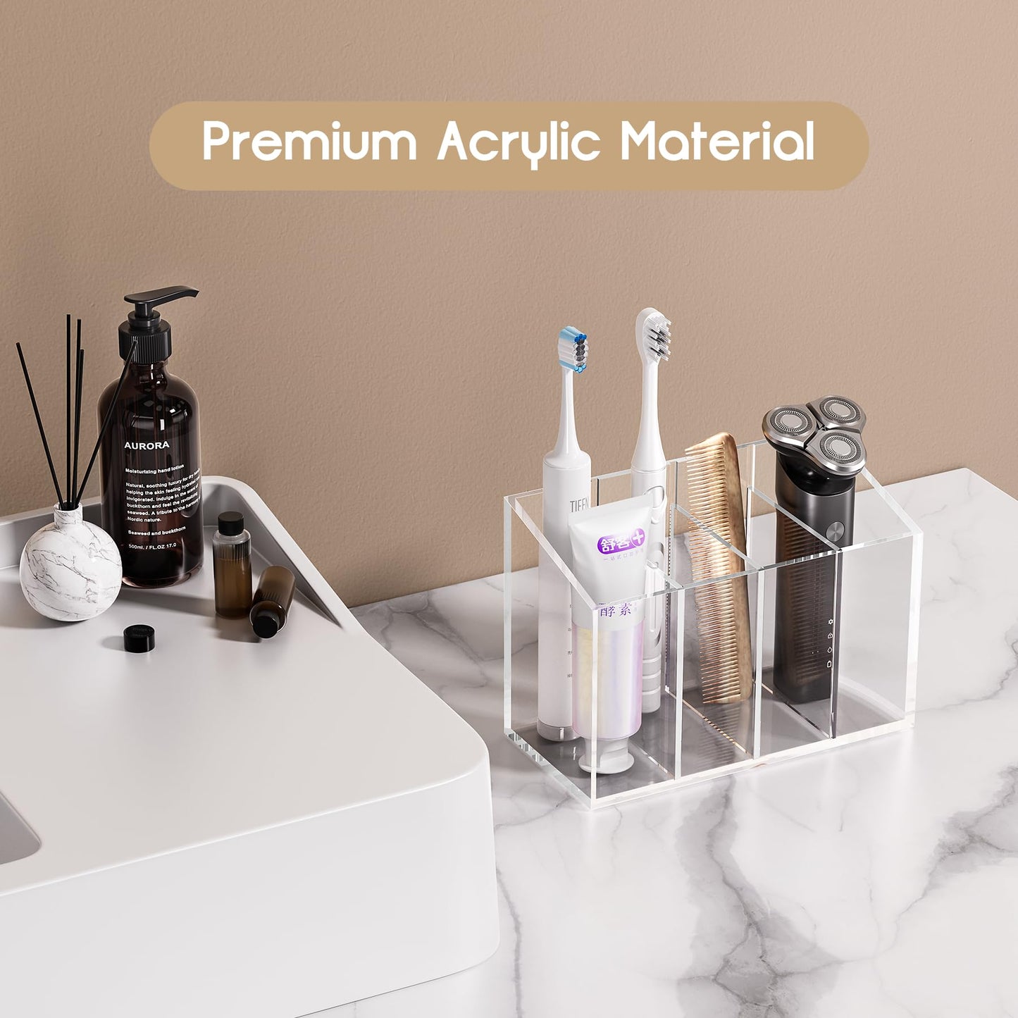 Acina 2PCS Clear Makeup Brush Holder Organizer, Acrylic Cosmetic Brushes Storage with 4 Slots, Eyeliners Display Case for Vanity Countertop