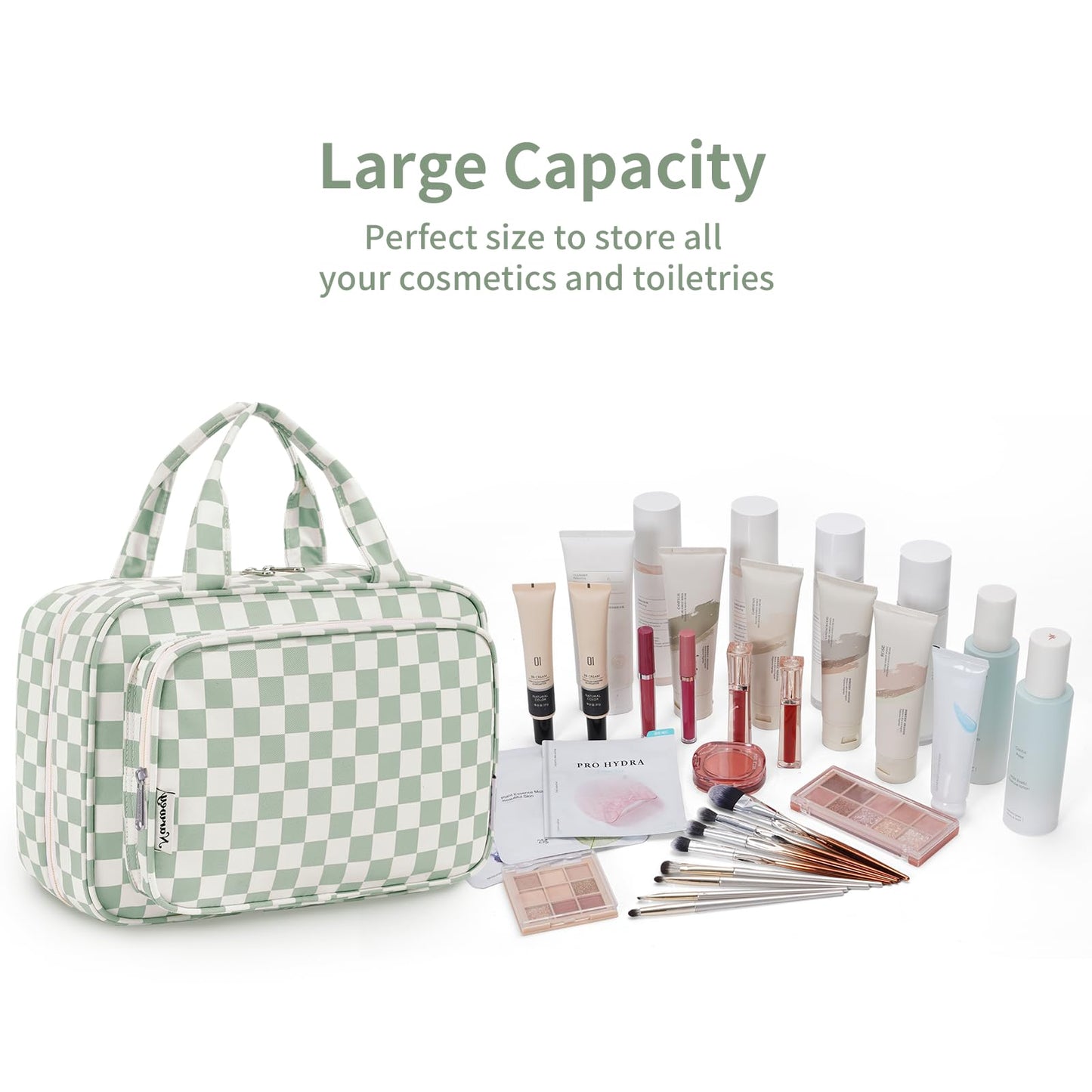 Narwey Travel Toiletry Bag for Women Large Capacity, Hanging Makeup Bag Organizer Toiletries Bag for Full Size Essentials, Accessories, Brushes, Cosmetics (Mint Green Checkerboard (Large))