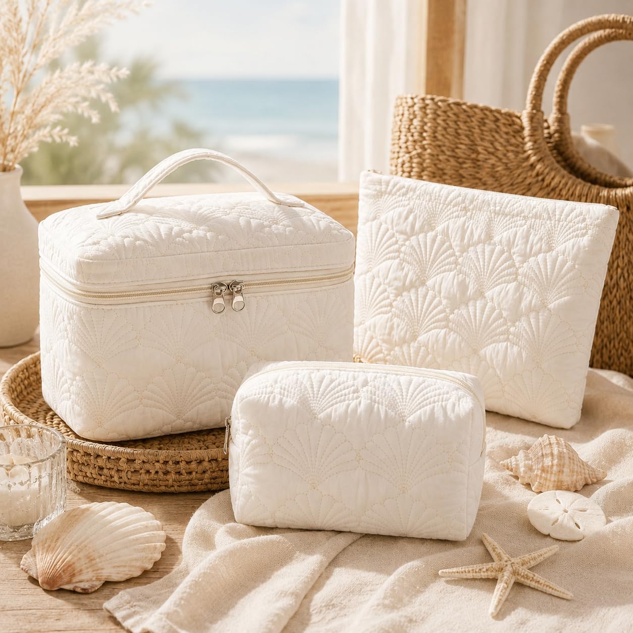 A Lots MiLi 3 Pcs White Shell Quilted Makeup Bag Set - Coquette Cotton Cosmetic Bags for Women, Coastal Makeup Pouch, Large Travel Toiletry Bag for Makeup, Skincare and Purse Essentials
