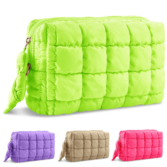 Puffer Quilted Makeup Bag Cosmetic Bags,Puffy Travel Toiletry Pouch for Women,Cute Checkered Zipper Bag Travel Essential,Portable Aesthetic Make up Organizer Bag for Gifts Work Daily(LightGreen,M)