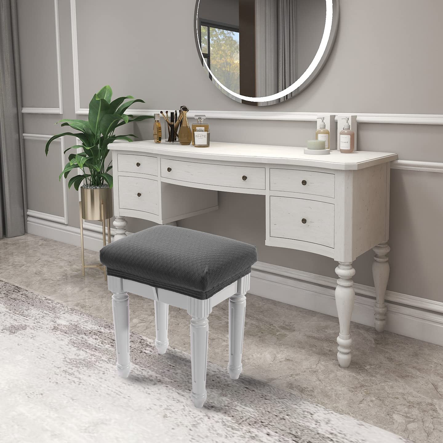 BUYUE Luxury Vanity Bench Stool Cover, (15"- 20") L x (11.8"- 15.7") W Rectangle Small Bench Stretch Jacquard Washable Slipcover (XS, Grey)