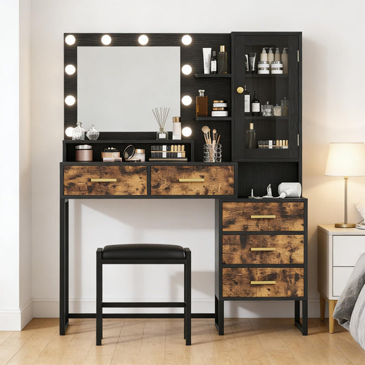 IDEALHOUSE Vanity Desk with Mirror and Lights, 43" Makeup Vanity Set with Stool, LED Lighted Mirror with 10 Bulbs, Drawers, Shelves & Charging Station, Dressing Table with Chair for Bedroom, Black