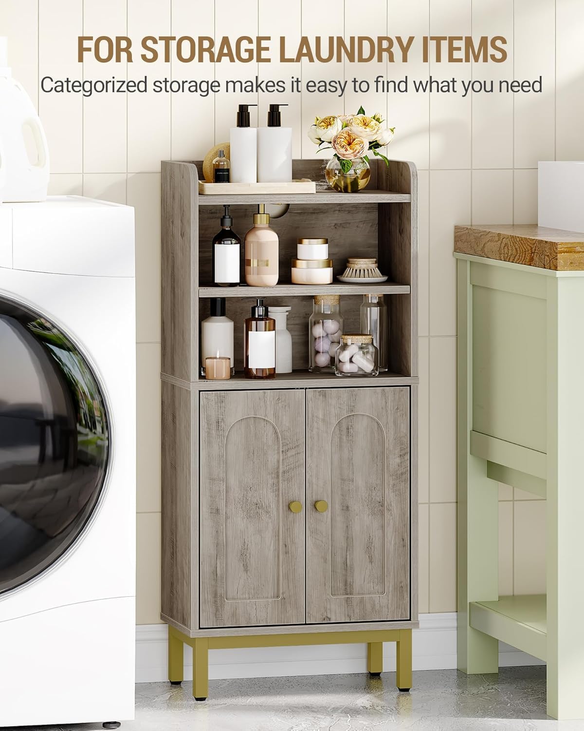 Hzuaneri Bathroom Storage Cabinet, Small Floor Cabinet with 2 Door and Shelves, Toilet Paper Cabinets, Bathroom Organizer with Adjustable Shelf, for Small Spaces Greige,Arch Door,7.1" Dx14.6 Wx32.7 H