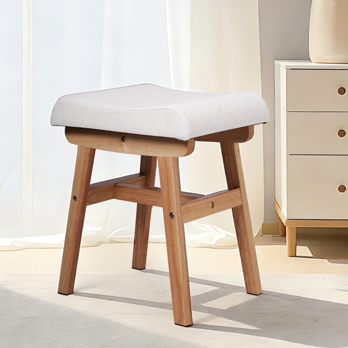 AurnaGle Wood Vanity Stool Chair,17.7 Inch Compact Makeup Chairs with Saddle Cushion, Linen-Covered High Rebound Sponge Seat, Easy Assembly Footstool for Bedroom, Entryway, Home, Walnut Ottomans