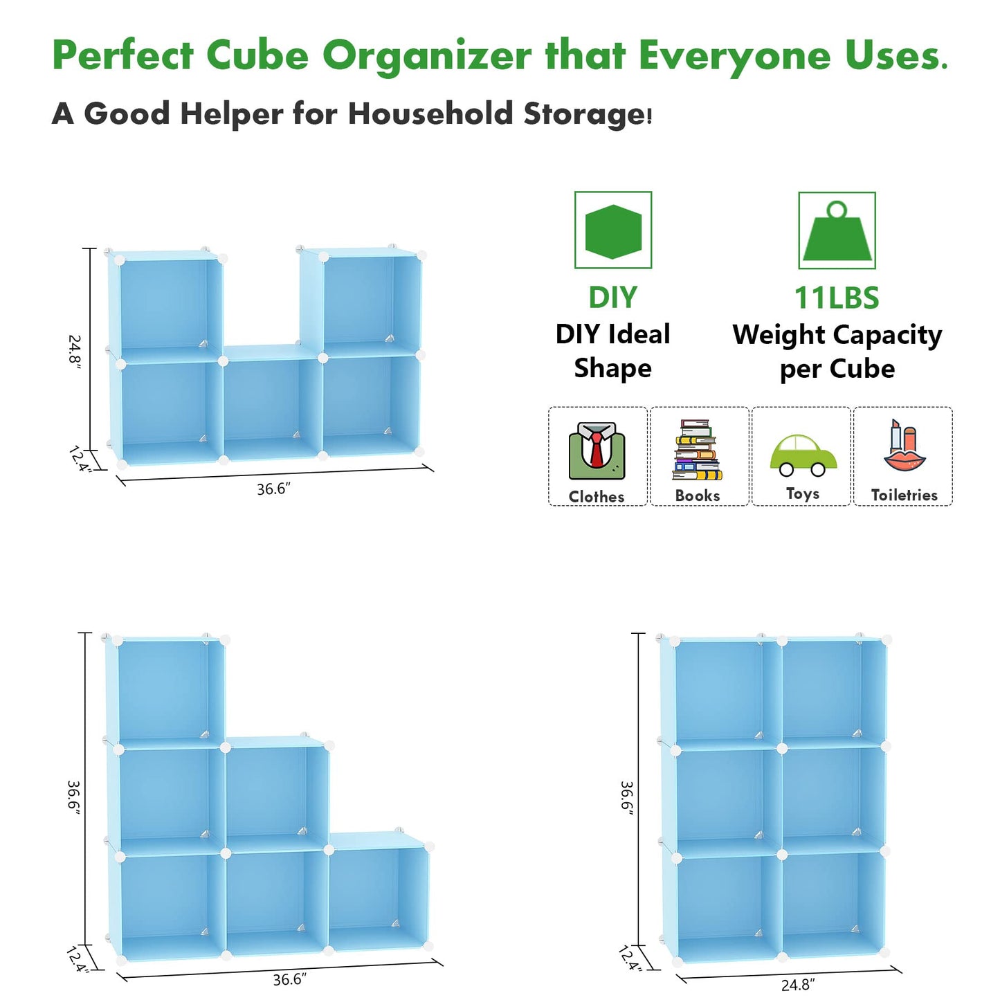C&AHOME Cube Storage Organizer, 6-Cube Shelves Units, Closet Cabinet, DIY Plastic Modular Book Shelf, Ideal for Bedroom, Living Room, Office, 36.6" L x 12.4" W x 36.6" H Blue UPCS06L
