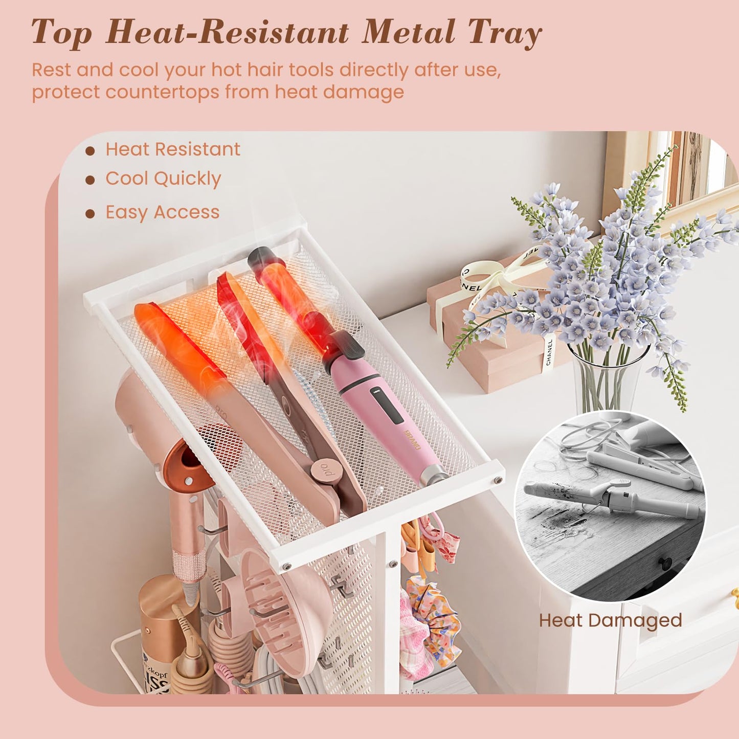Hair Tool Organizer Cart with Hair Dryer Holder, Narrow Bathroom Storage Cart for Curling Flat Iron & Hot Tools, Slim Hair Appliance Organizer for Vanity Styling Tools, Salon Cart with Tray on Wheels