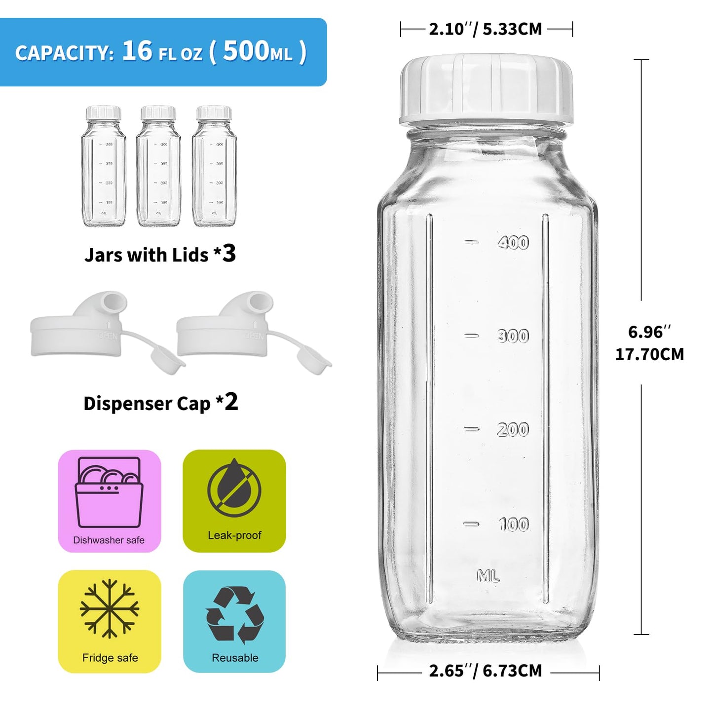 Syntic Glass Juice Bottles with Lids, 3 Pack Clear Glass Water Bottles w 2 Pour Spouts, 16 Oz Reusable Milk Jug w 100% Airtight Cap and Scale for Juicing Containers, Breast Milk Storage, Drinking Jar
