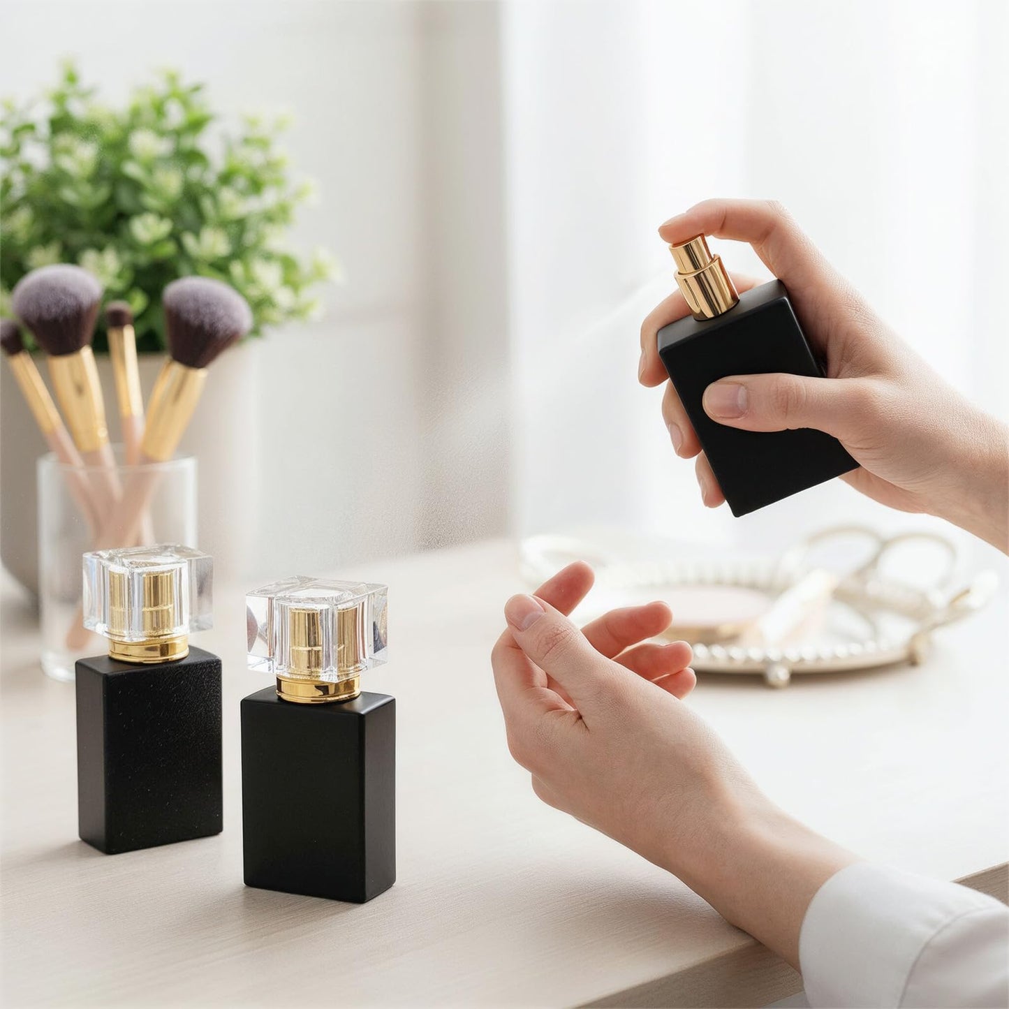 Tobeelec 8 Pack 30ml/1 oz Glass Spray Bottle, Black Fine Mist Refillable Perfume Bottles, Portable Square Empty Glass Perfume Atomizer Bottles with Spray Applicator for Men and Women