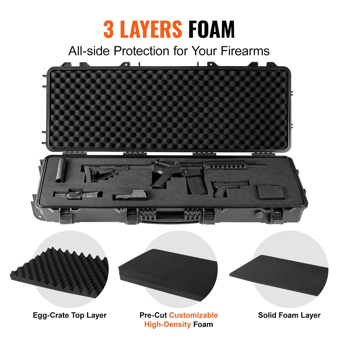 VEVOR Rifle Case, Hard Rifle Case with 4 Layers Fully-protective Foams, 42 inch Lockable Long Storage Case with Wheels, IP67 Waterproof & Dustproof, Black