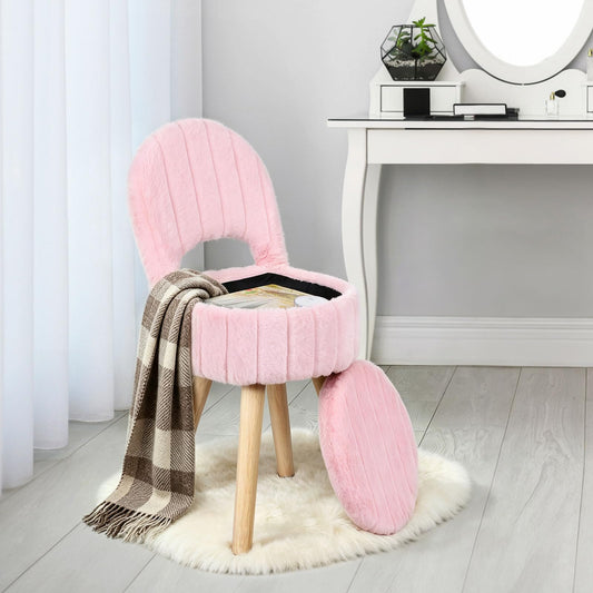Small Vanity Stool Chair with Storage & Folding Back, Faux Rabbit Fur Soft Padded Seat Ottoman, 4 Solid Wood Legs Anti-Slip Feet, Stool for Vanity Desk for Makeuproom, Bedroom 12.9”x11.8”x27.9”（Pink）