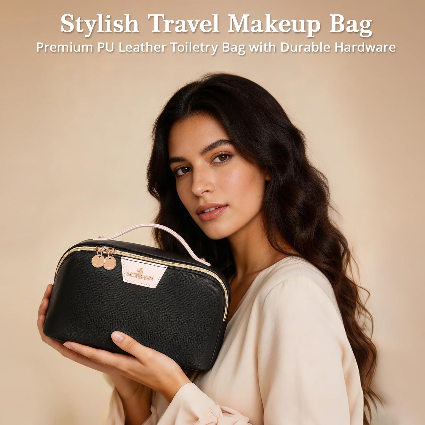 MOT HINN Travel Makeup Bag for Women: 3-in-1 Large Capacity Cosmetics Organizer with 2 Detachable Pouch - Vegan Leather Flat Open Toiletry Bag - Portable Travel Essentials for Full-Sized Bottles-Black
