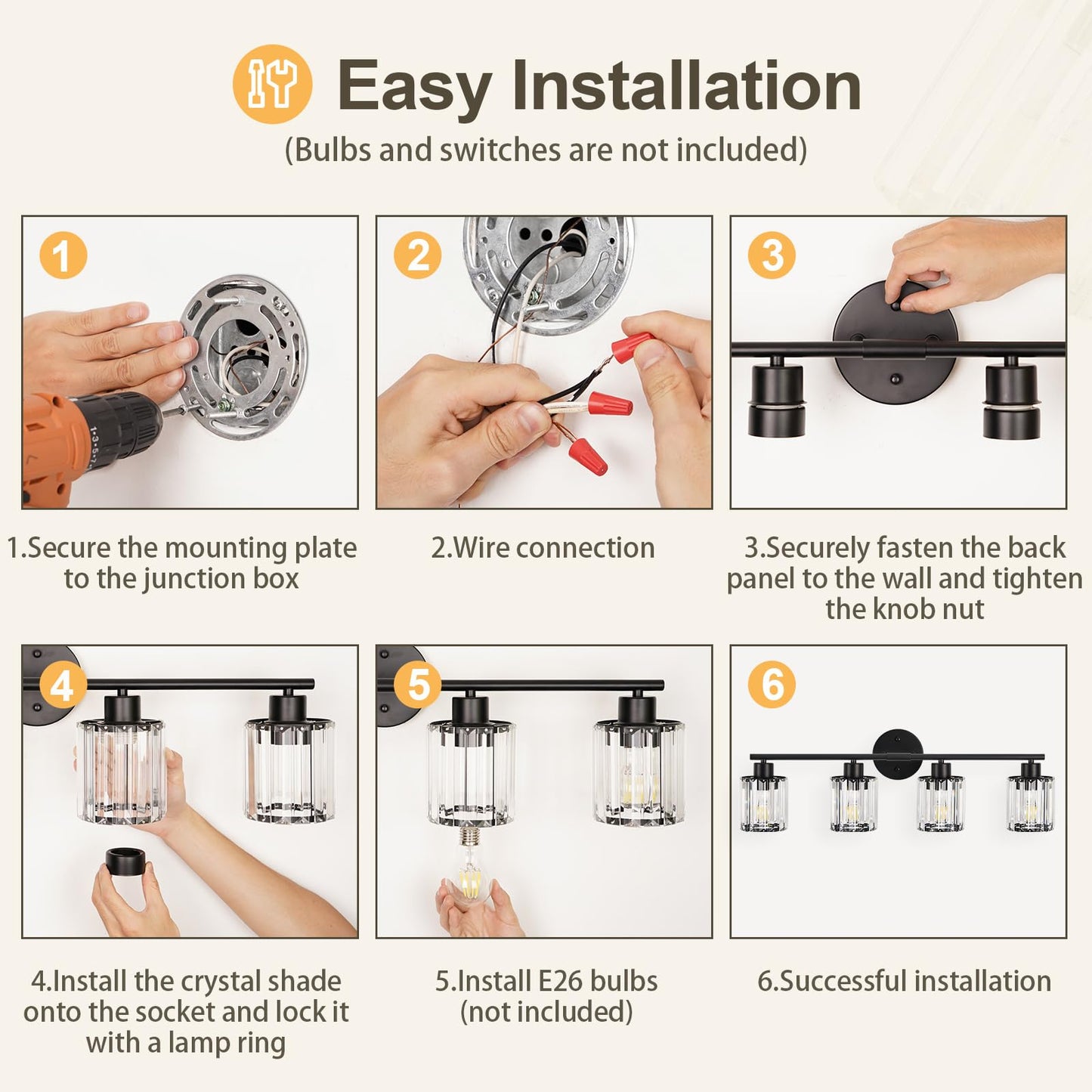 Kvhiiw Crystal Bathroom Light Fixtures, Bathroom Lighting Fixtures Over Mirror, Modern 4-Light Brushed Nickel Vanity Lights for Mirror, Restroom, Kitchen(Ceramic E26 Socket,Bulbs Not Include)