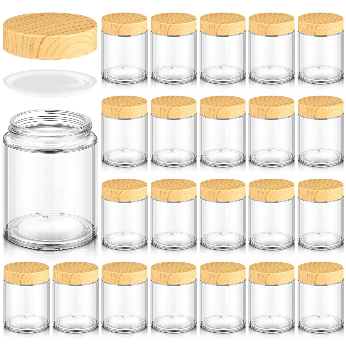 Norme 24 Pcs 6oz Glass Jars with Lids Empty Small Glass Containers and Inner Liners Reusable Cosmetic Jars Round Airtight Bottles with Plastic Wood Grain Lids for Travel
