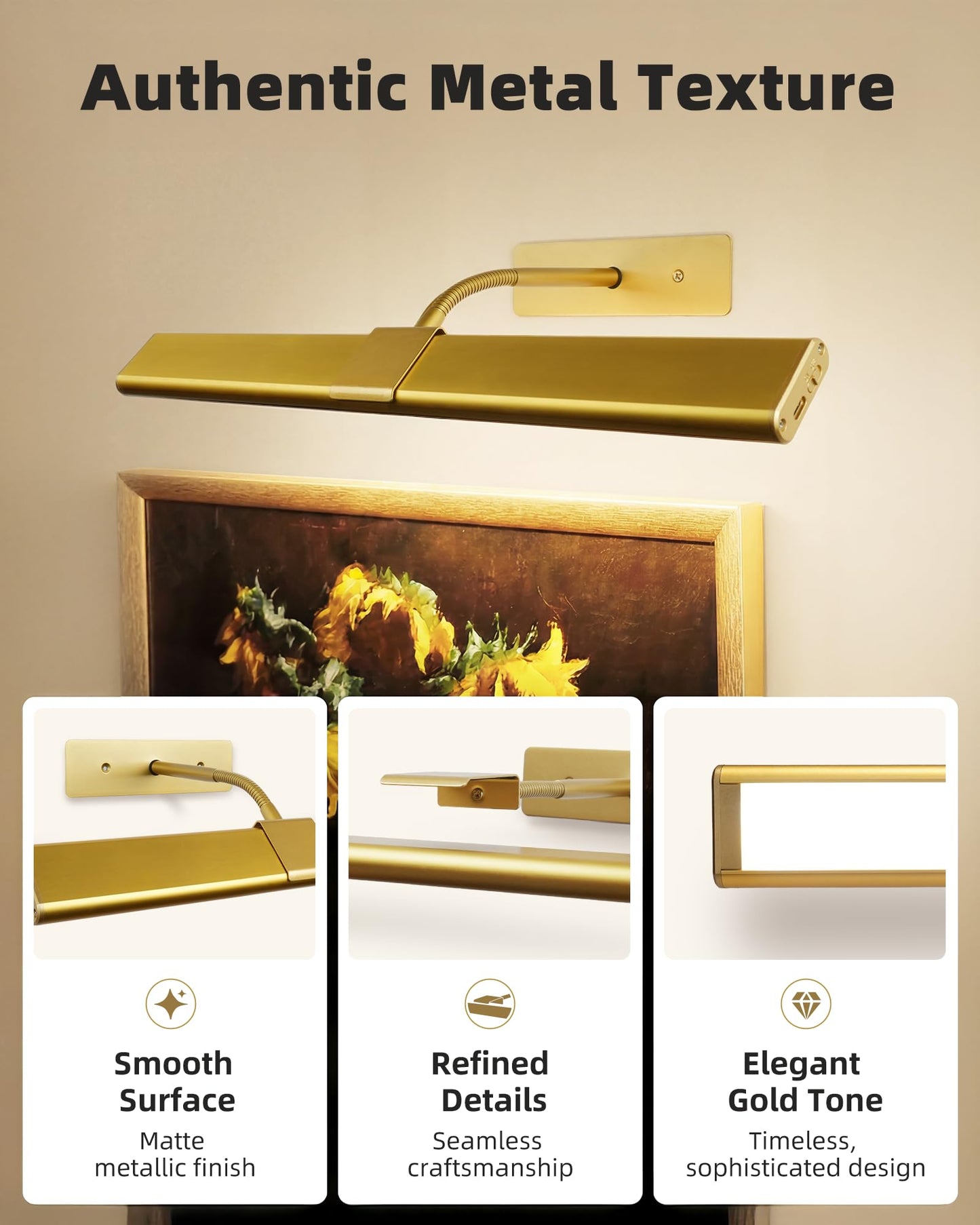 EZVALO Picture Light for Wall, 4800mAh Rechargeable Wireless Remote, 16‘’ Dimmable Magnetic LED Art Display Light with 3 Color Temperatures, for Gallery, Living Room, Bedroom, Hallway (Gold)