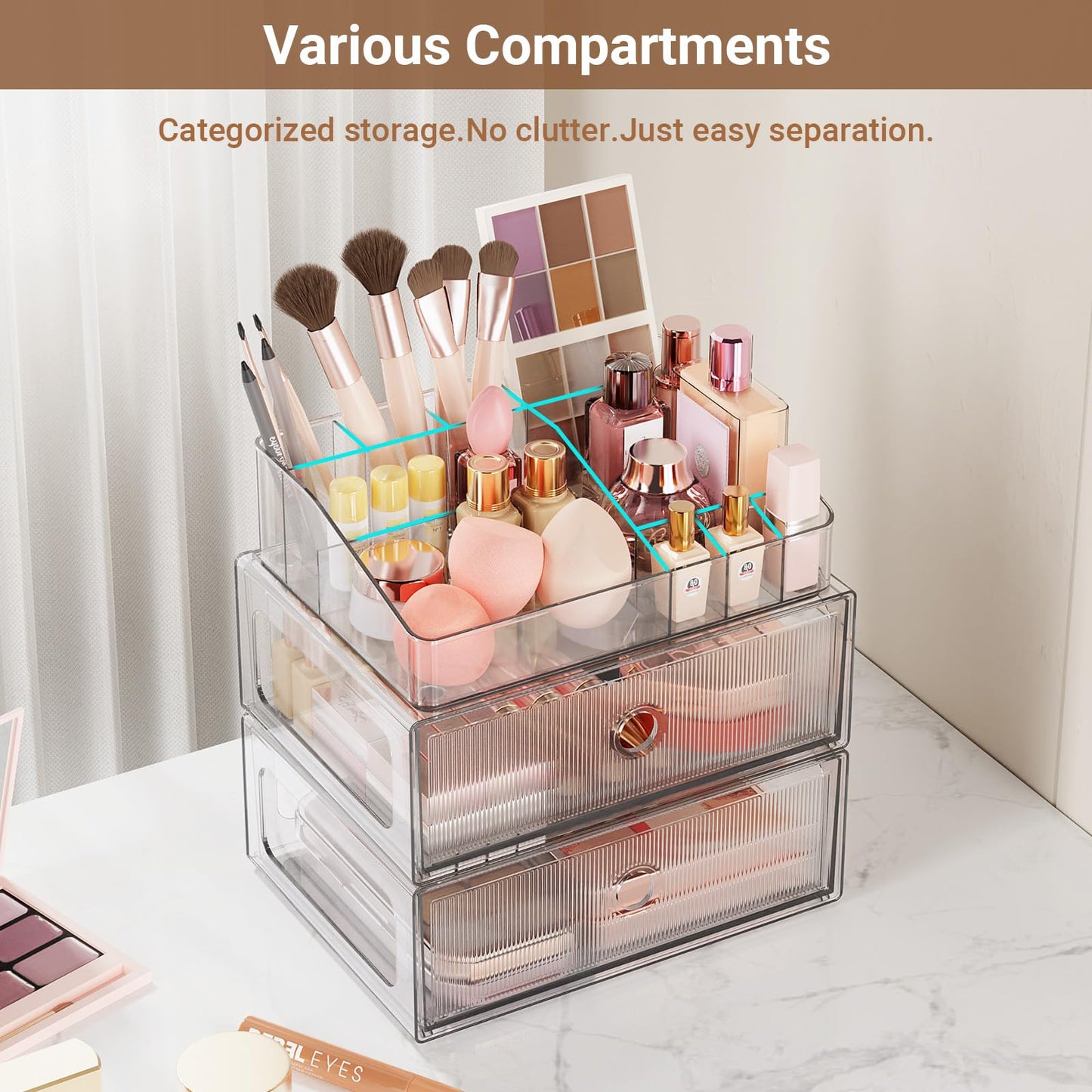 HOMETUK 2 Tier Clear Makeup Organizer with Drawer, PET Cosmetic Storage for Dresser, Countertop & Bathroom Vanity, Holders for Lipstick, Brushes, Skincare & Beauty Supplies