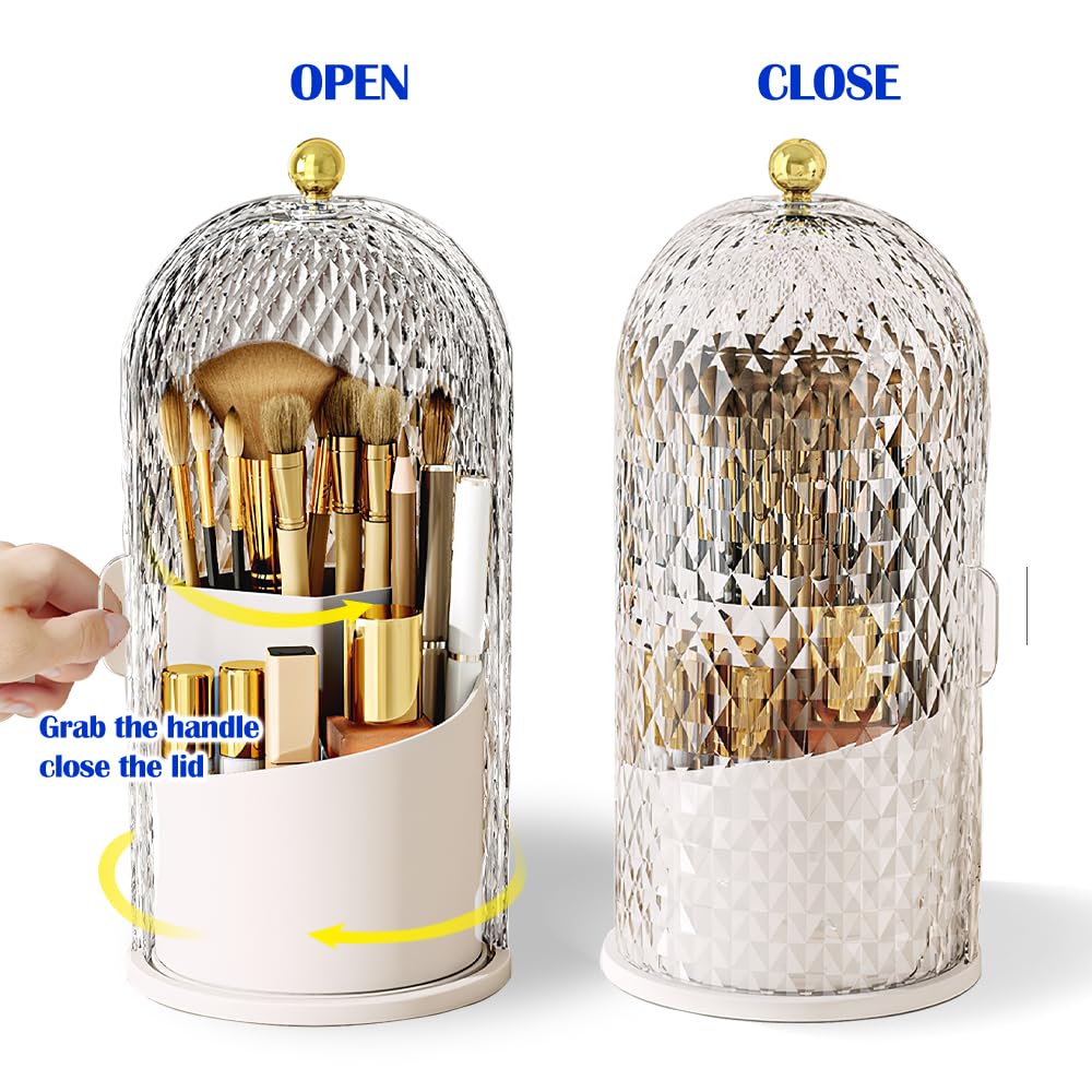 JIANGLAI Makeup Brush Holder with Lid, 360 Rotating Multifunction Clear Dustproof Skincare Cosmetic Tools Storage Organizer for Vanity Desktop Bathroom Countertop (White)