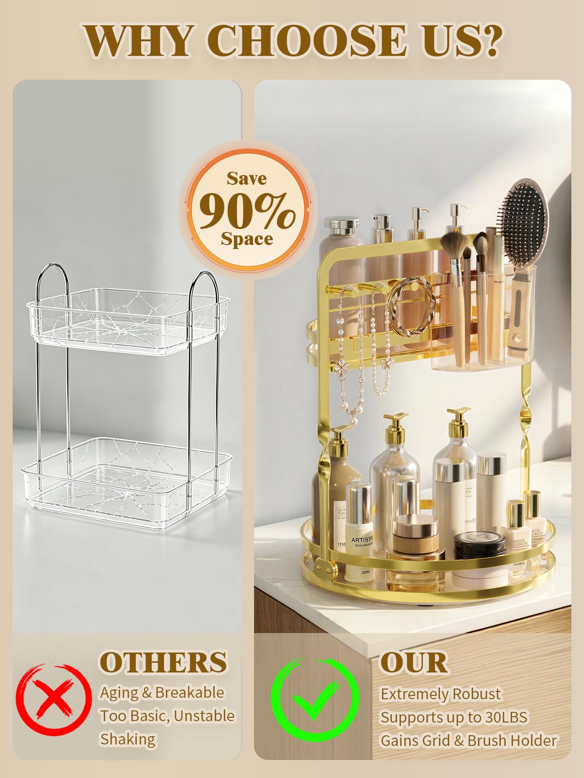 DUANFEE 360° Rotating Makeup Organizer for Vanity, 2-Tier Gold Bathroom Organizer Countertop with Makeup Brush Holder & Jewelry Hooks, Spinning Bathroom Counter Organizer for Perfume Skincare Dresser