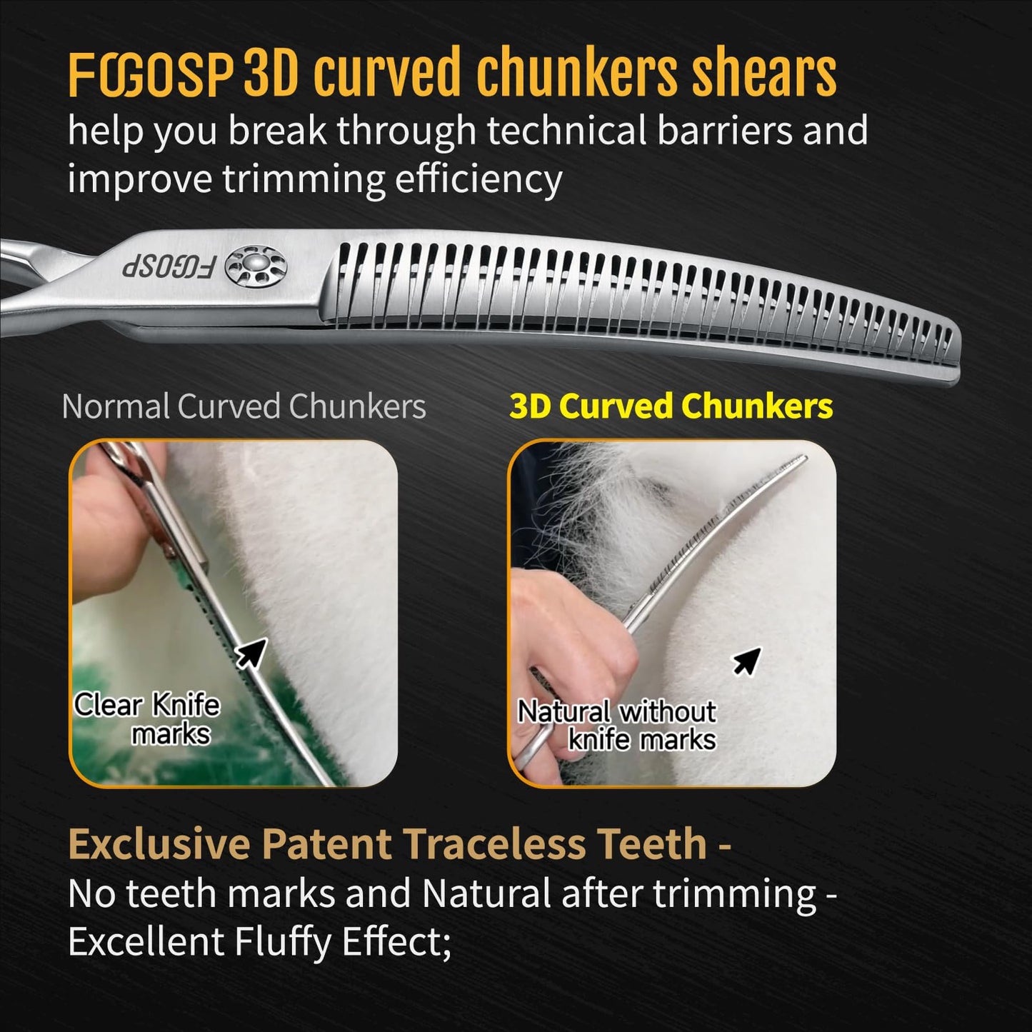 FOGOSP Professional 3D Curved Chunkers Dog Grooming Scissors 7.5'' Curved Thinning Shears for Dogs Pet 48 Teeth Japan VG10 Sharp and Durable
