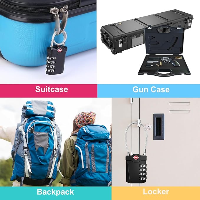 ZHEGE TSA Approved Locks for Luggage, Cable Locks with White Number, 4 Digit Combination Locks with Inspection Indicator for Suitcase, Backpack, Baggage, Code Padlocks for Locker (2 Pack, Black)