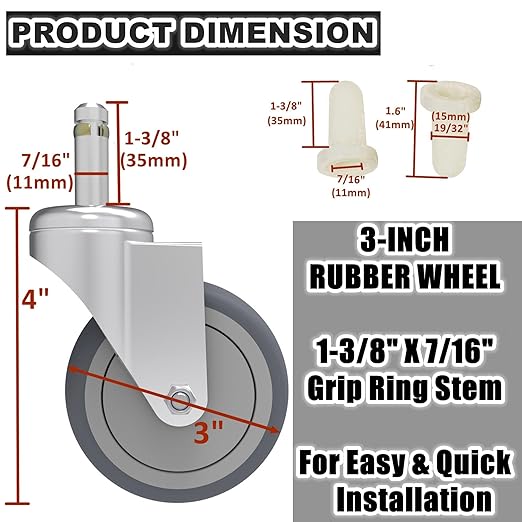 3-Inch Swivel Stem Caster, 7/16-Inch Stem Diameter Rubber Wheel, Heavy Duty TPR Replacement Wheels for Rubbermaid Mop Bucket Cart Grill Casters - 4 Pack