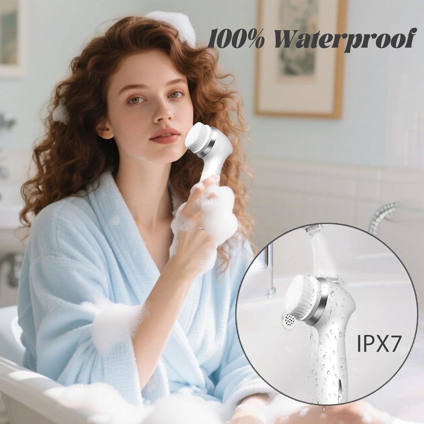 3-in-1 Rechargeable Facial Cleansing Brush – Silicone Face Scrubber with 4-Speed Settings, Deep Pore Cleanser & Exfoliator, Waterproof Face Spin Brush with Base Stand for Men & Women (White)