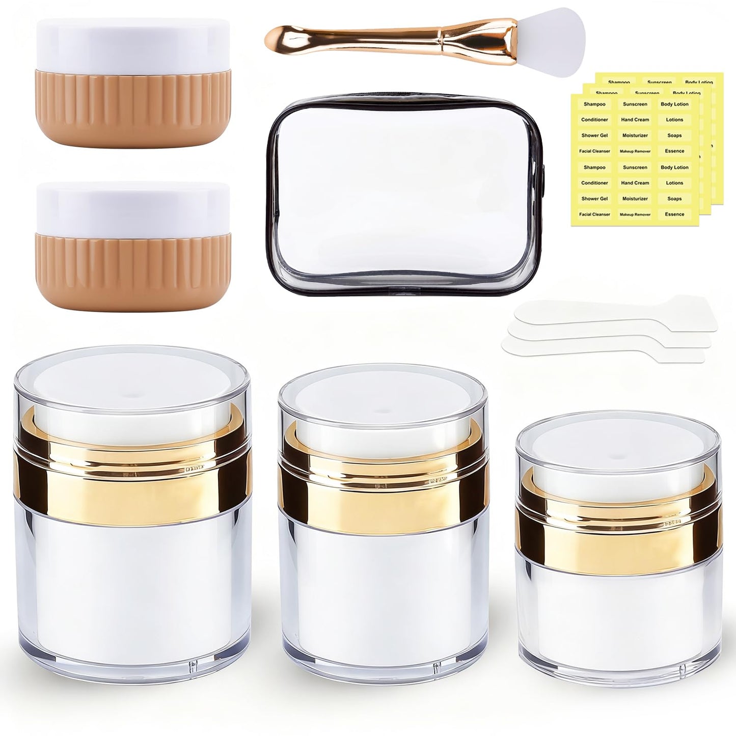 KOUWICH 1.7/1/0.5oz Refillable Cosmetic Moisturizer Airless Pump Jar 3 Pack Bottles Travel TSA Size for Cream, Gels and Lotion with 2 Silicone Cream Jars BPA-Free