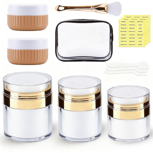 KOUWICH 1.7/1/0.5oz Refillable Cosmetic Moisturizer Airless Pump Jar 3 Pack Bottles Travel TSA Size for Cream, Gels and Lotion with 2 Silicone Cream Jars BPA-Free