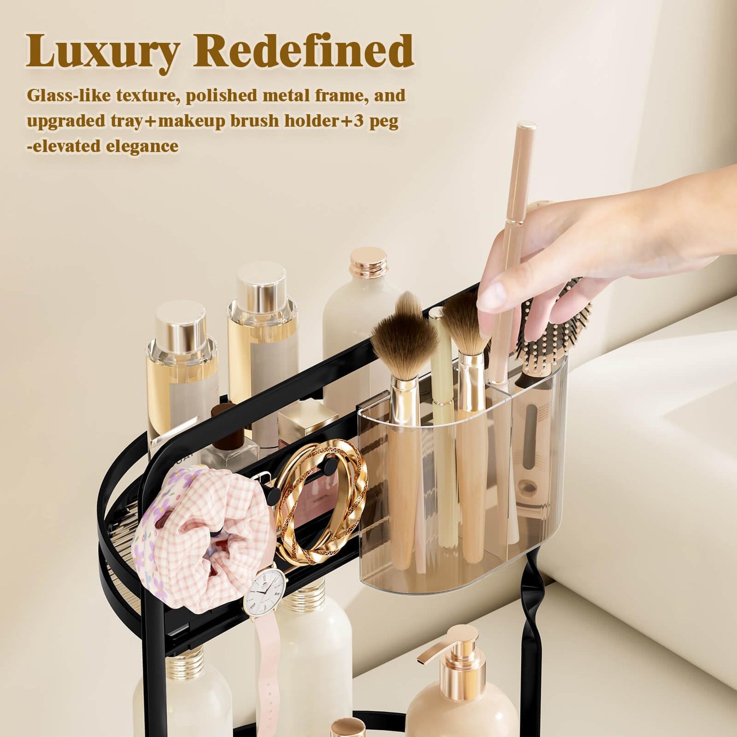 DUANFEE 360 Rotating Makeup Organizer, 2-Tier Black Perfume Organizer for Dresser, Bathroom Counter Organizer, Lazy Susan Vanity Tray Spinning Skincare Storage with Jewelry Hooks & Makeup Brush Holder