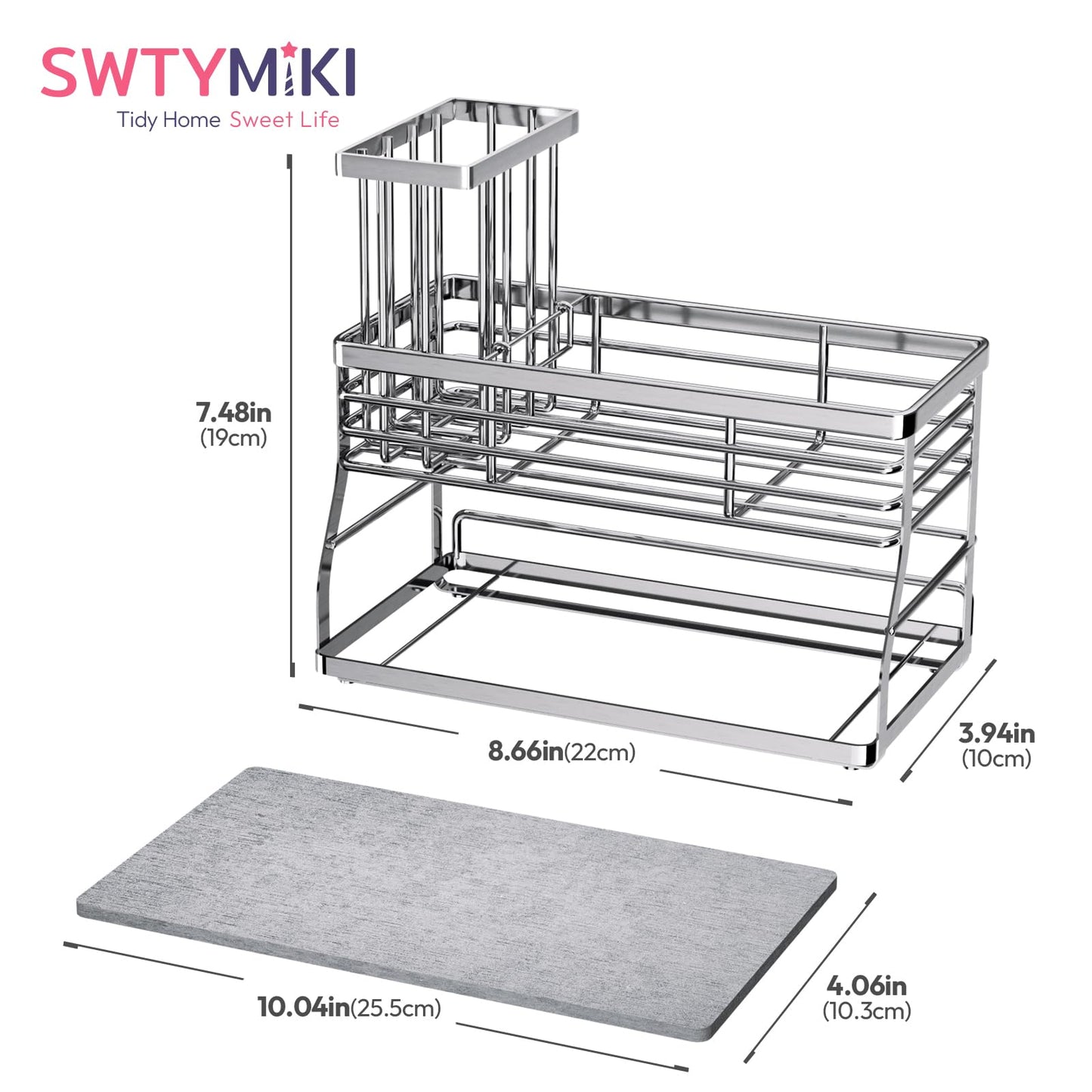 SWTYMIKI Kitchen Sink Caddy Organizer, 2 Tier Sponge Holder for Kitchen Sink with Instant Drying Stone, Removable Brush Holder for Fast Drying on Countertop, Silver