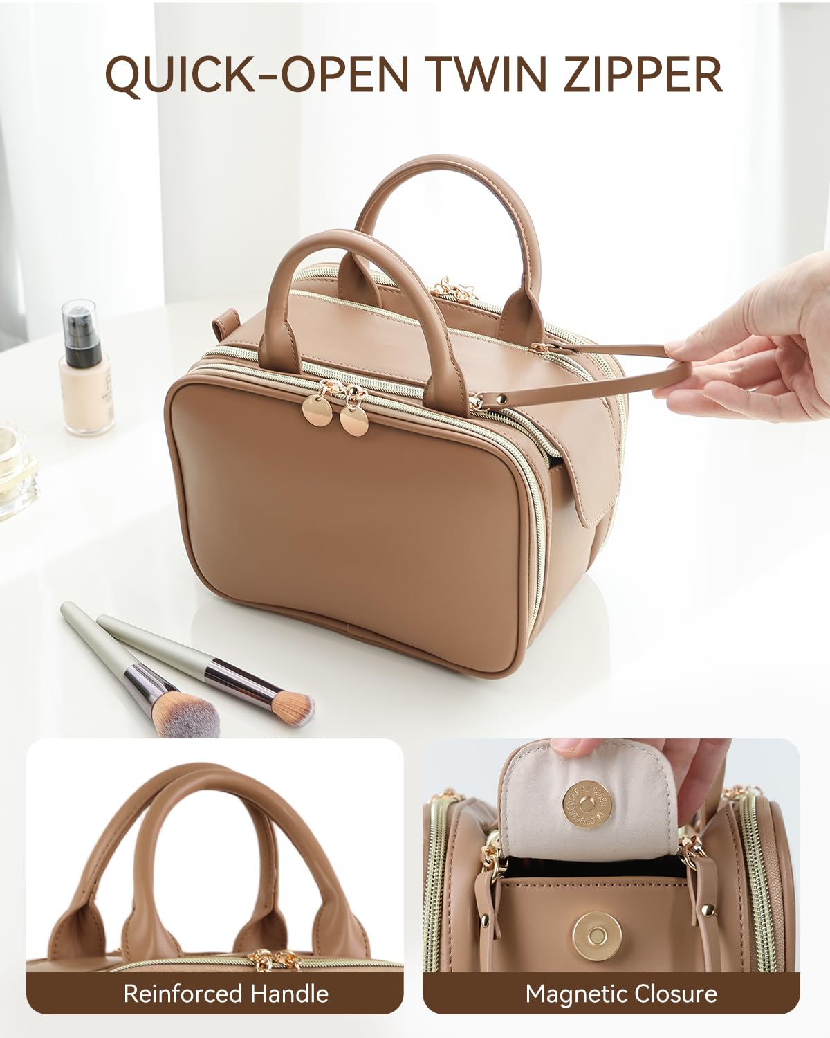 Prite Travel Makeup Bag Women’s Large Capacity Waterproof Cosmetic Organizer Portable Open Flat Toiletry Case with Free-standing Brush Holder and Handle(Brown Large)