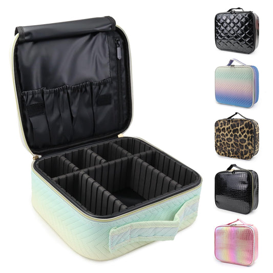MORMID Travel Makeup Case 5 Layers Portable Makeup Train Case Cosmetic Bag Organizer Storage for Women with Adjustable Dividers and Shoulder Strap for Toiletry Travel Accessories(gradient green)