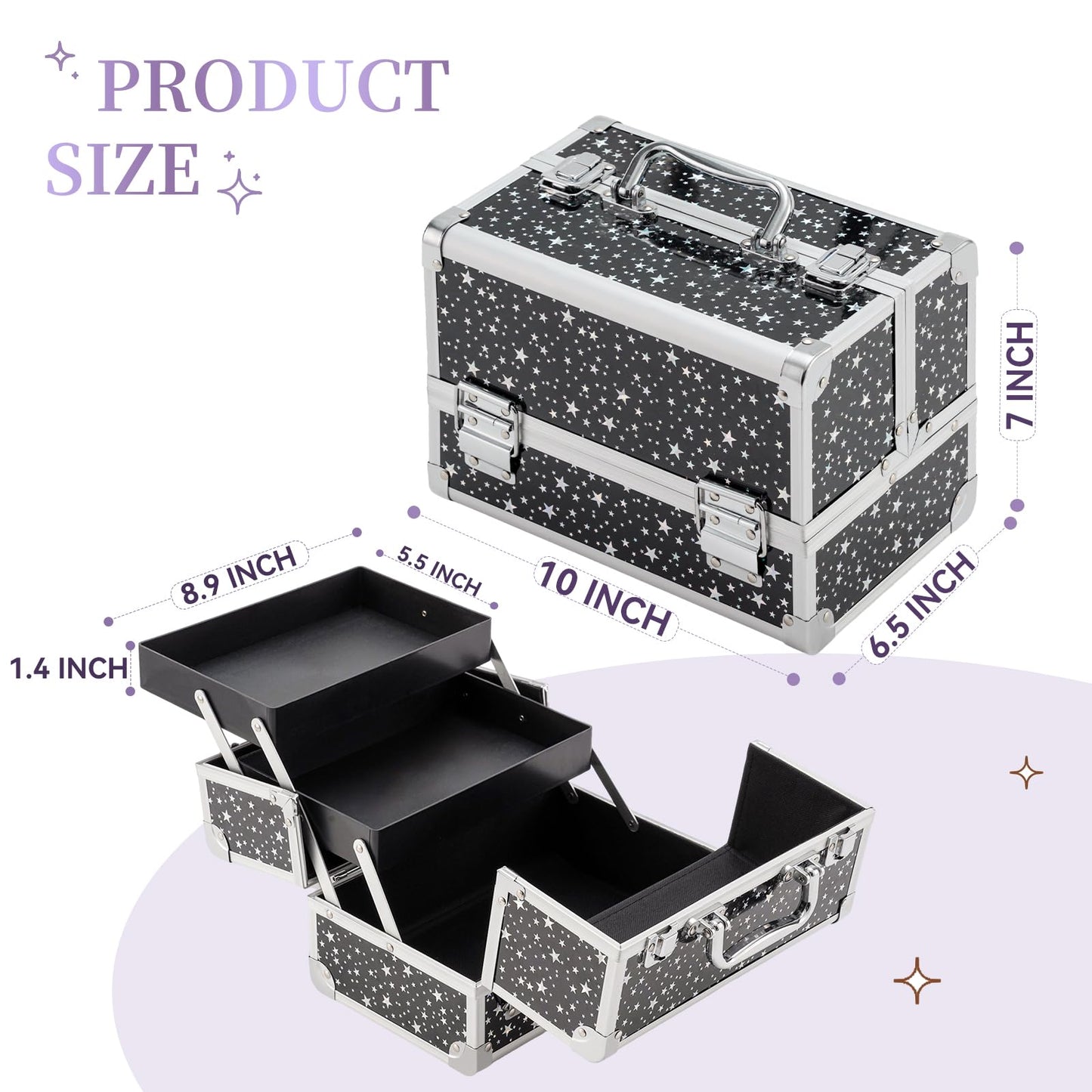 Leeora&Leekoo Makeup Train Case Cosmetic Box Portable Makeup Case Organizer 2 Trays Makeup Storage for Cosmetologist Aesthetic Supplies Nail Tech Traveling Makeup Box (Flashing Star)
